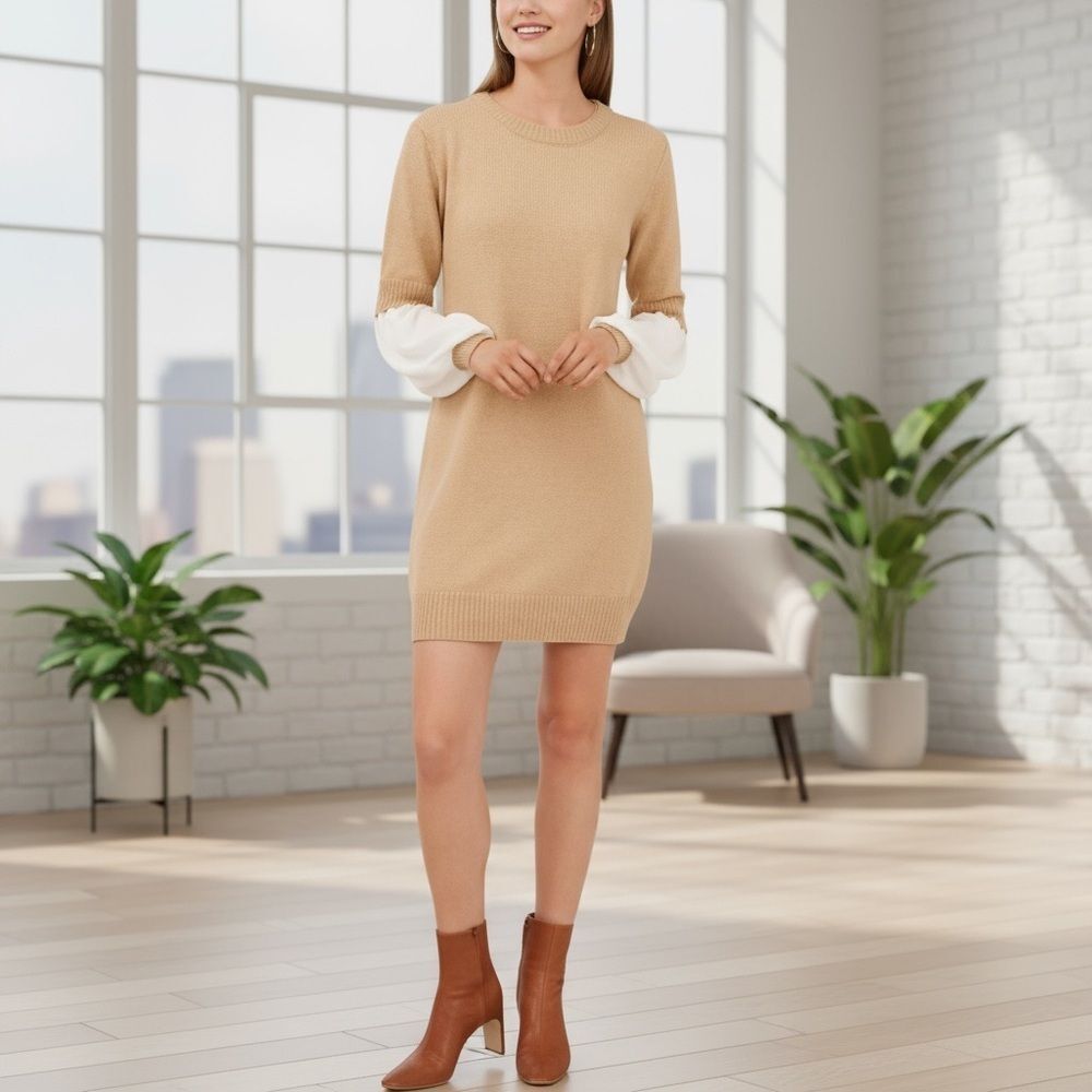 🟡 Vince Camuto Layered Mixed Media Sweater Dress Size Medium